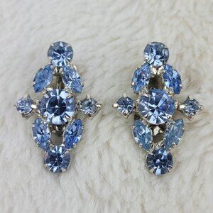 1950's Vintage Clip Earrings with Ice Blue Rhinestones in a Diamond Shape